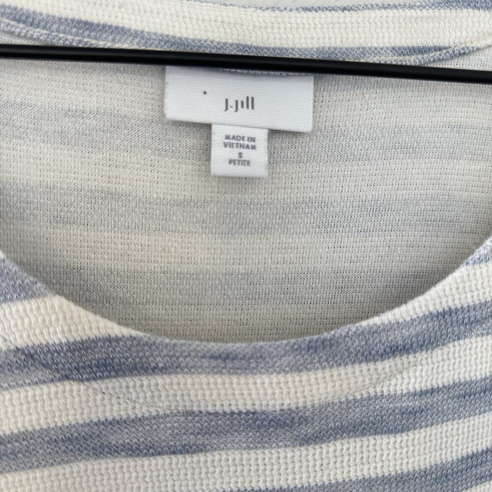 J. Jill Tunic Shirt S White Blue Lagenlook Fringe Hem Stripe Coastal 100% Cotton - Picture 7 of 11